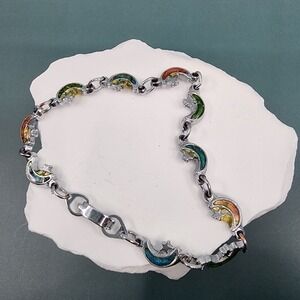 Celestial Moon Star Silver Tone Multicolor Inlay Link Bracelet Vintage Boho Y2K